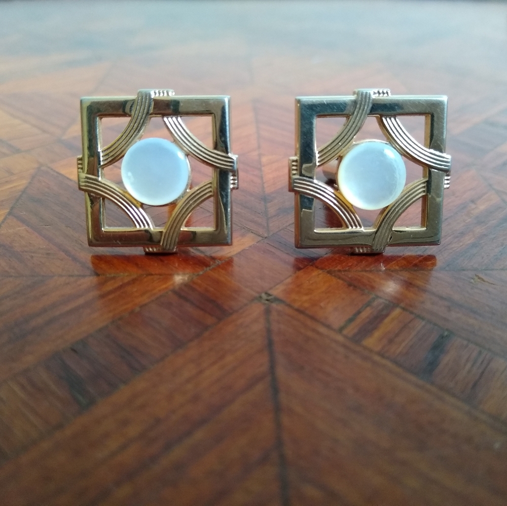 VTG Cufflinks SWANK Gld Tone White Stone 50's-60's